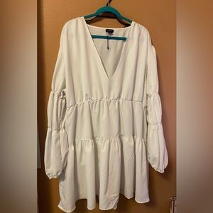 Boohoo white dress with 3 tiers, ruffle hem, and puffy long sleeves